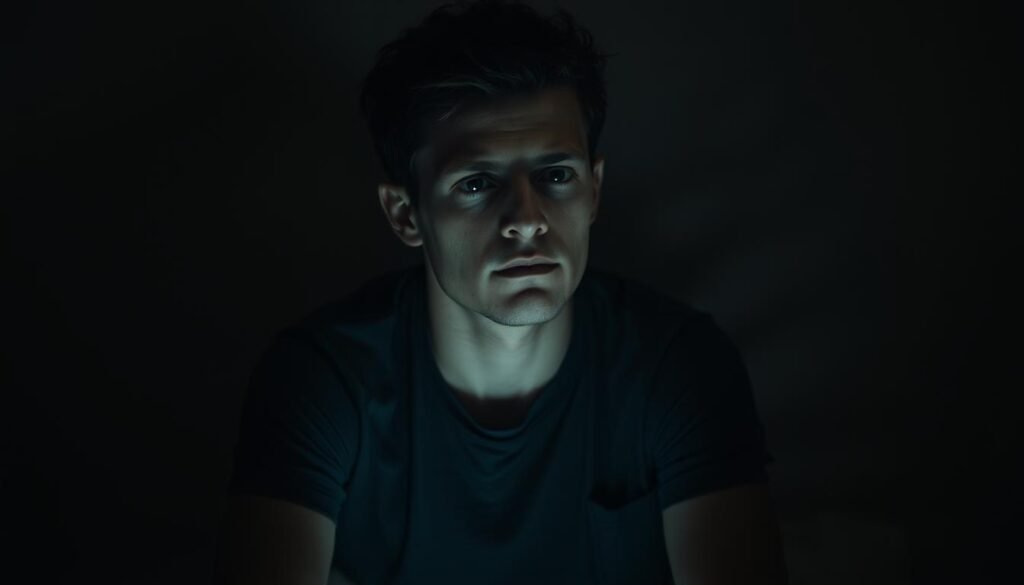 A pensive individual sits in a dimly lit room, their face illuminated by a soft, introspective glow. The background is hazy and dreamlike, with subtle textures and muted colors that evoke a sense of introspection. The subject's expression is one of deep contemplation, as they gaze inwardly, searching for the source of their creative block. The lighting is warm and intimate, creating a sense of personal exploration and self-discovery. The composition is balanced and centered, drawing the viewer's attention to the central figure and their internal journey. The overall atmosphere is one of quiet reflection, inviting the viewer to pause and consider their own creative challenges and the path to self-awareness.