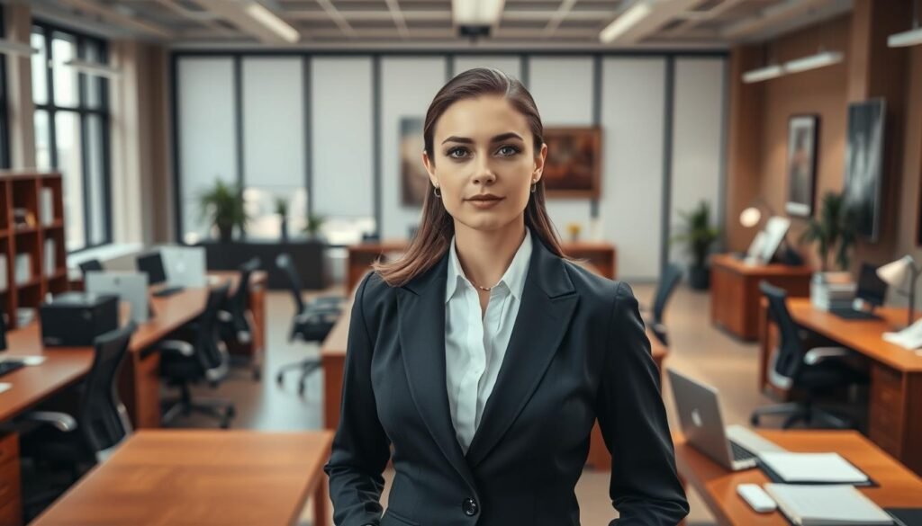 A professional office interior with natural lighting filtering through large windows. Wooden desks and ergonomic chairs create a refined, sophisticated ambiance. In the foreground, a businesswoman in a well-tailored suit stands confidently, exuding an air of authority and competence. Her posture is upright, and her gaze is direct, conveying a sense of self-assurance. The middle ground features an array of neatly organized files, laptops, and other office equipment, suggesting a well-organized and efficient workspace. The background showcases tasteful artwork and plants, adding a touch of warmth and professionalism to the scene. The overall lighting is soft and flattering, creating a polished, high-quality atmosphere that reflects the importance of professional credibility in the workplace.