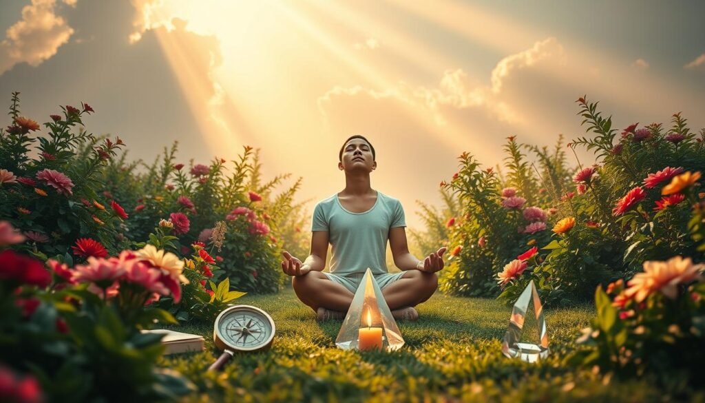 A serene garden landscape filled with lush foliage and vibrant blooms, bathed in warm, diffused sunlight streaming through wispy clouds. At the center, a person sits cross-legged, eyes closed in contemplation, radiating a sense of inner peace and alignment. Surrounding them, various symbolic objects representing the different aspects of life purpose - a compass, a journal, a magnifying glass, a candle, and a crystalline prism. The composition creates a calming, meditative atmosphere, inviting the viewer to pause and reflect on the paths that lead to a more purposeful existence.
