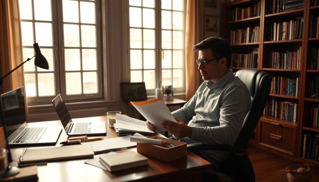 A serene home office scene, bathed in warm, diffused lighting from large windows. On the desk, a laptop, notebook, and various stationery items arranged in an organized manner. A thoughtful individual sits in an ergonomic chair, deeply engaged in the "attention baseline assessment process", as indicated by the focused expression and the documents spread out before them. Bookshelves line the walls, suggesting a contemplative, intellectual atmosphere. The overall mood is one of quiet introspection and purposeful analysis, setting the stage for a meaningful exploration of one's attention patterns.