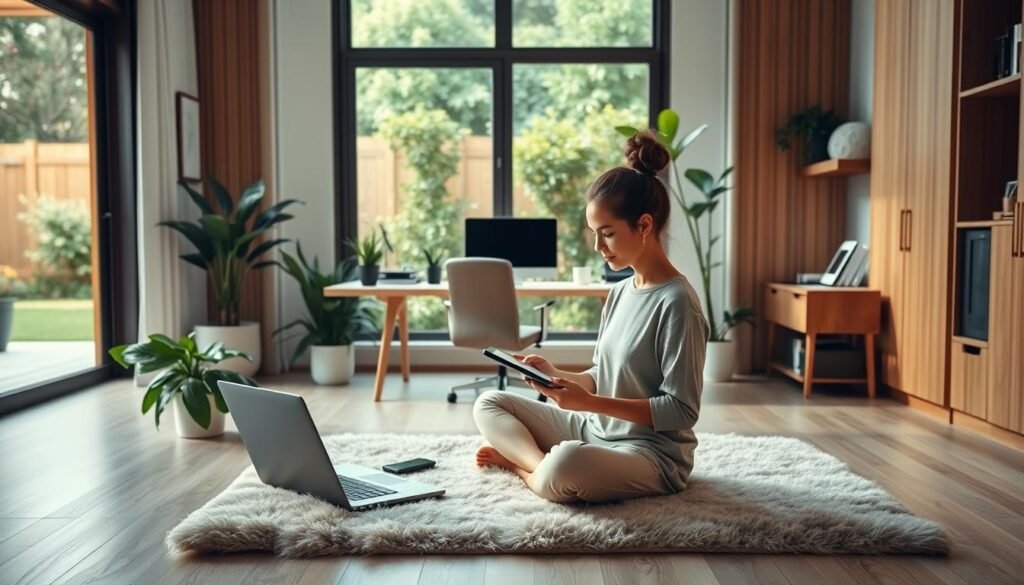 A serene home office with ample natural light, warm wood accents, and a sleek, minimalist desk setup. In the foreground, a person sits cross-legged on a plush rug, engaged in a digital mindfulness exercise on a tablet, surrounded by lush houseplants. The middle ground features an array of electronic devices - laptops, smartphones, and a smartwatch - arranged neatly, symbolizing a balanced, intentional relationship with technology. In the background, a large window overlooks a tranquil garden, conveying a sense of harmony between the digital and natural worlds. The overall mood is one of calm, focus, and sustainable tech habits that support digital wellbeing.