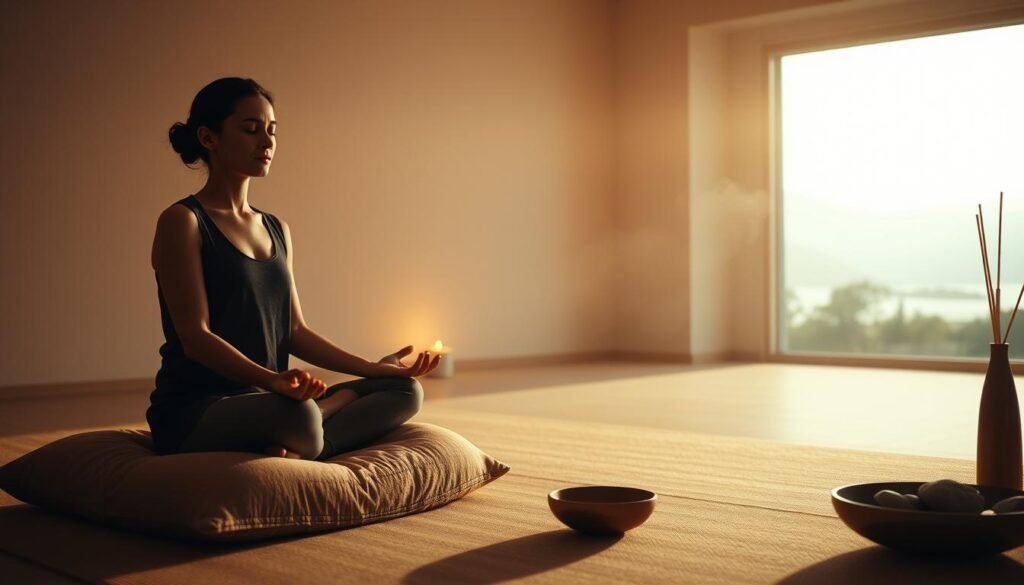 A serene meditation room bathed in soft, warm lighting. In the foreground, a person sits cross-legged on a plush cushion, eyes gently closed, hands resting palms-up on their thighs. Surrounding them, a minimalist space with bare walls, a large window overlooking a tranquil landscape, and a few simple meditation props - a gently burning candle, a bowl of river stones, and an incense holder emitting wisps of fragrant smoke. The mood is one of deep focus and inner calm, inviting the viewer to pause, breathe, and find respite from the distractions of daily life.