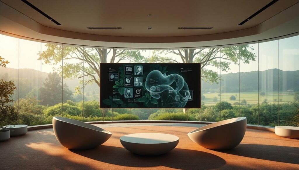 A serene, nature-inspired environmental design showcasing the harmony between physical and digital spaces. In the foreground, a sleek, minimalist seating arrangement invites contemplation, with organic shapes and muted tones that blend seamlessly with the lush, verdant backdrop. The middle ground features a dynamic digital display, its ever-changing visuals subtly guiding and influencing the behavior of the occupants. In the background, a panoramic window offers a breathtaking view of a tranquil, nature-filled landscape, creating a calming and restorative atmosphere. Soft, diffused lighting casts a warm glow, enhancing the overall sense of wellbeing and mindfulness. The scene evokes a harmonious balance between the physical and digital realms, encouraging mindful interactions and fostering positive behavioral outcomes. A serene, nature-inspired environmental design showcasing the harmony between physical and digital spaces. In the foreground, a sleek, minimalist seating arrangement invites contemplation, with organic shapes and muted tones that blend seamlessly with the lush, verdant backdrop. The middle ground features a dynamic digital display, its ever-changing visuals subtly guiding and influencing the behavior of the occupants. In the background, a panoramic window offers a breathtaking view of a tranquil, nature-filled landscape, creating a calming and restorative atmosphere. Soft, diffused lighting casts a warm glow, enhancing the overall sense of wellbeing and mindfulness. The scene evokes a harmonious balance between the physical and digital realms, encouraging mindful interactions and fostering positive behavioral outcomes.