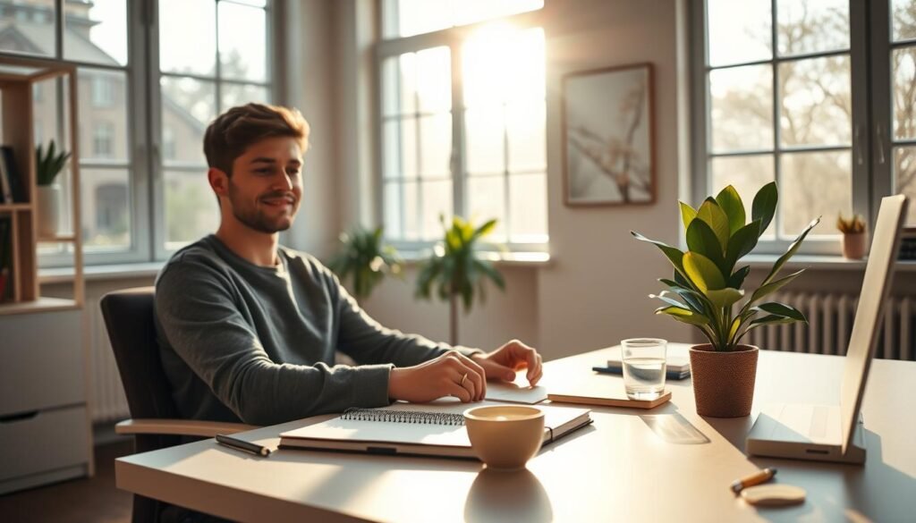 A serene office setting with natural lighting pouring in through large windows, casting a warm glow on a minimalist desk setup. In the foreground, a person sits comfortably, engaged in focused work, their expression calm and content. The middle ground showcases organizational tools like a simple planner, a cup of tea, and a potted plant, signifying a balanced approach to productivity. The background features soothing, nature-inspired wall art and soft, muted colors, creating a stress-free and rejuvenating atmosphere. The overall scene conveys a sense of sustainable, non-hustled productivity, where work and well-being coexist harmoniously. A serene office setting with natural lighting pouring in through large windows, casting a warm glow on a minimalist desk setup. In the foreground, a person sits comfortably, engaged in focused work, their expression calm and content. The middle ground showcases organizational tools like a simple planner, a cup of tea, and a potted plant, signifying a balanced approach to productivity. The background features soothing, nature-inspired wall art and soft, muted colors, creating a stress-free and rejuvenating atmosphere. The overall scene conveys a sense of sustainable, non-hustled productivity, where work and well-being coexist harmoniously.