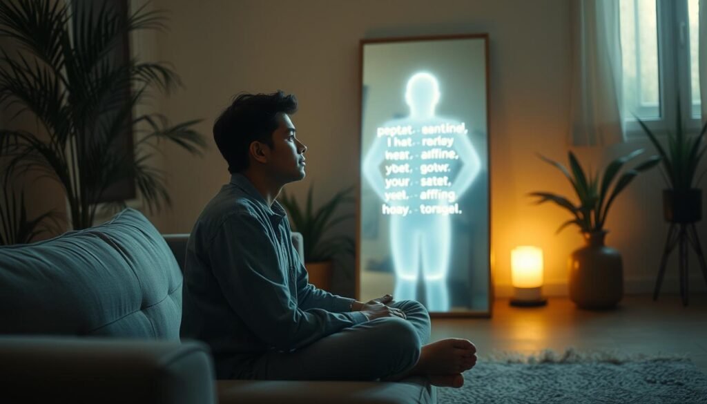 A serene, softly lit indoor scene with a person sitting cross-legged on a couch, gazing at a mirror. Their face is filled with a sense of calm and introspection as they repeat positive affirmations to themselves. The mirror reflects a glowing, ethereal version of the person, symbolizing their inner potential and the transformative power of self-affirming thoughts. The background is a minimalist, warm-toned living room, with plants and natural textures creating a soothing, meditative atmosphere. Subtle cinematic lighting casts gentle shadows, emphasizing the person's focused expression and the mirrored reflection. A serene, softly lit indoor scene with a person sitting cross-legged on a couch, gazing at a mirror. Their face is filled with a sense of calm and introspection as they repeat positive affirmations to themselves. The mirror reflects a glowing, ethereal version of the person, symbolizing their inner potential and the transformative power of self-affirming thoughts. The background is a minimalist, warm-toned living room, with plants and natural textures creating a soothing, meditative atmosphere. Subtle cinematic lighting casts gentle shadows, emphasizing the person's focused expression and the mirrored reflection.