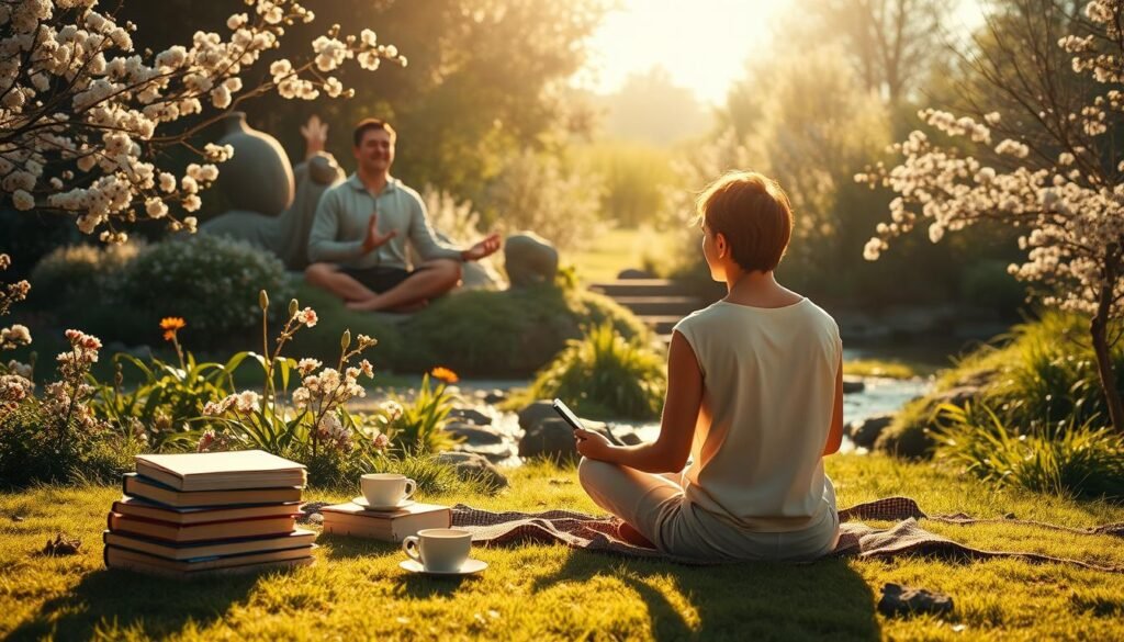 A serene, sun-dappled scene of a person engaged in a series of personal growth habits. In the foreground, they sit cross-legged, a stack of books and a cup of tea at their side, deep in contemplation. In the middle ground, they transition between yoga poses, finding balance and inner peace. In the background, a lush garden with blooming flowers and a babbling brook, evoking a sense of tranquility and connection with nature. Soft, warm lighting casts a gentle glow, and the camera angle is slightly elevated, giving a sense of perspective and growth. The overall atmosphere is one of mindfulness, progress, and a journey of self-improvement through habit stacking. A serene, sun-dappled scene of a person engaged in a series of personal growth habits. In the foreground, they sit cross-legged, a stack of books and a cup of tea at their side, deep in contemplation. In the middle ground, they transition between yoga poses, finding balance and inner peace. In the background, a lush garden with blooming flowers and a babbling brook, evoking a sense of tranquility and connection with nature. Soft, warm lighting casts a gentle glow, and the camera angle is slightly elevated, giving a sense of perspective and growth. The overall atmosphere is one of mindfulness, progress, and a journey of self-improvement through habit stacking.