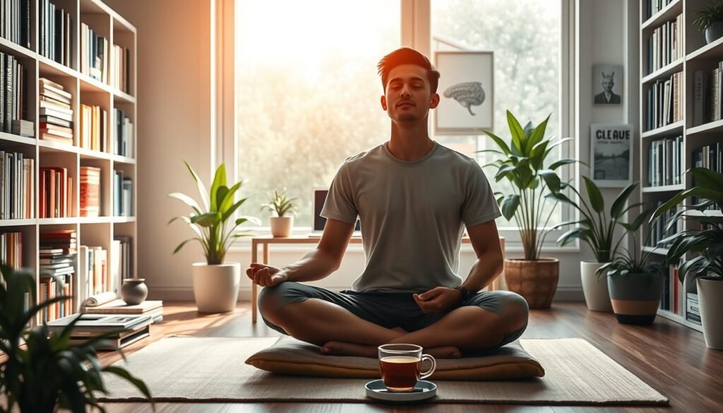 A serene workspace with a large window overlooking a tranquil garden. In the foreground, a person sits cross-legged on a meditation cushion, eyes closed, hands resting gently on their lap. Soft, natural lighting fills the room, creating a calming atmosphere. Bookshelves line the walls, filled with volumes on mindfulness, psychology, and cognitive enhancement. A small desk in the middle ground holds a laptop, notebook, and a cup of herbal tea. In the background, lush indoor plants and a few pieces of minimalist artwork adorn the walls, adding to the sense of mental clarity and focus. The overall scene evokes a sense of mental fitness, cognitive wellness, and a space dedicated to personal growth and self-improvement. A serene workspace with a large window overlooking a tranquil garden. In the foreground, a person sits cross-legged on a meditation cushion, eyes closed, hands resting gently on their lap. Soft, natural lighting fills the room, creating a calming atmosphere. Bookshelves line the walls, filled with volumes on mindfulness, psychology, and cognitive enhancement. A small desk in the middle ground holds a laptop, notebook, and a cup of herbal tea. In the background, lush indoor plants and a few pieces of minimalist artwork adorn the walls, adding to the sense of mental clarity and focus. The overall scene evokes a sense of mental fitness, cognitive wellness, and a space dedicated to personal growth and self-improvement.