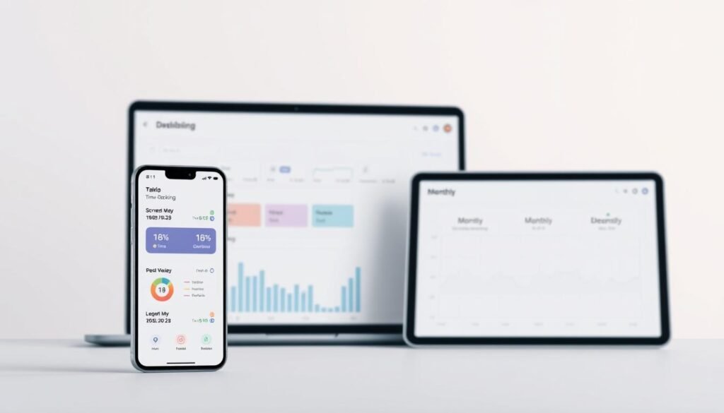 A sleek, minimalist dashboard interface displaying detailed screen time tracking across various devices. In the foreground, a smartphone screen shows daily usage data with color-coded breakdowns. In the middle ground, a laptop and tablet screens present weekly and monthly usage patterns. The background features a soft, muted gradient setting, with subtle lines and grids to convey a sense of digital organization and analysis. The overall aesthetic is clean, modern, and data-driven, reflecting the need to thoughtfully audit one's digital habits and patterns.