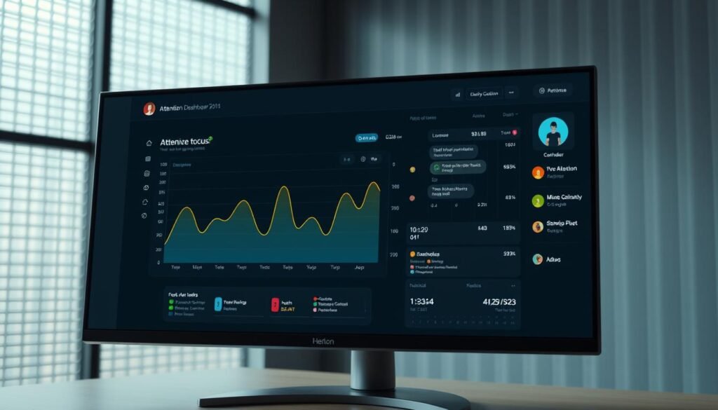 A sleek, modern attention management dashboard displayed on a high-resolution monitor. The interface features a clean, minimalist design with intuitive controls and visualizations. In the foreground, a line graph tracks the user's focus levels over time, color-coded to indicate periods of high, medium, and low attention. The middle ground showcases a calendar view, highlighting scheduled tasks and their associated focus requirements. In the background, a subtle grid pattern and soft lighting create a sense of organization and focus. The overall mood is one of productivity, efficiency, and data-driven self-improvement.
