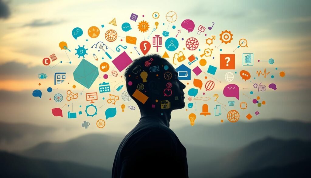 A thought-provoking scene depicting the principles of cognitive psychology. In the foreground, a human figure appears deep in contemplation, surrounded by a swirling array of colorful mental shortcuts and cognitive biases. Geometric shapes, symbols, and icons representing different heuristics and cognitive biases fill the middle ground, creating a visually engaging and abstract composition. The background features a softly blurred, dreamlike landscape, suggesting the subconscious and intuitive nature of these psychological processes. The lighting is subdued, creating a pensive, introspective atmosphere. The overall composition invites the viewer to delve into the workings of the human mind and the powerful yet sometimes misleading mental shortcuts that shape our perceptions and decision-making.