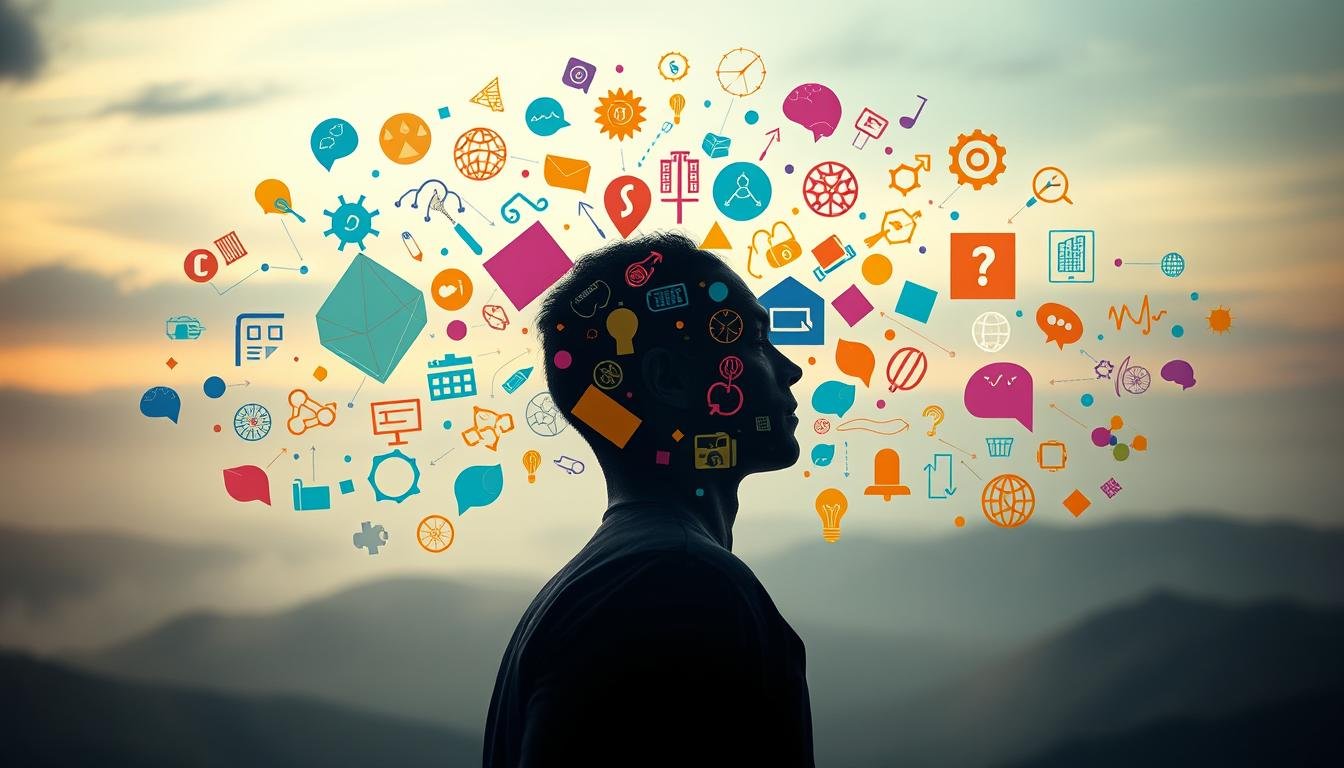 A thought-provoking scene depicting the principles of cognitive psychology. In the foreground, a human figure appears deep in contemplation, surrounded by a swirling array of colorful mental shortcuts and cognitive biases. Geometric shapes, symbols, and icons representing different heuristics and cognitive biases fill the middle ground, creating a visually engaging and abstract composition. The background features a softly blurred, dreamlike landscape, suggesting the subconscious and intuitive nature of these psychological processes. The lighting is subdued, creating a pensive, introspective atmosphere. The overall composition invites the viewer to delve into the workings of the human mind and the powerful yet sometimes misleading mental shortcuts that shape our perceptions and decision-making.