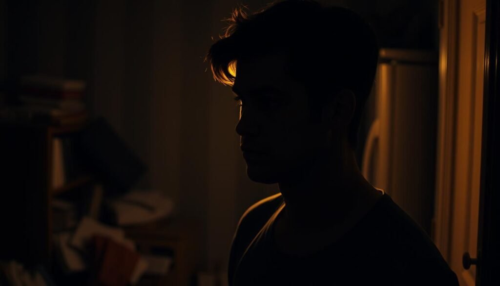 A thoughtful individual standing in a dimly lit room, their face partially obscured by shadows, contemplating the root causes of their self-destructive patterns. The lighting is somber, casting a warm glow that accentuates the pensive expression. The background is blurred, with subtle hints of clutter and disorder, symbolizing the internal turmoil. The figure's pose is introspective, their gaze inward, as they delve into the deeper issues underlying their negative behaviors. A sense of deep reflection and a desire for self-understanding permeates the scene. A thoughtful individual standing in a dimly lit room, their face partially obscured by shadows, contemplating the root causes of their self-destructive patterns. The lighting is somber, casting a warm glow that accentuates the pensive expression. The background is blurred, with subtle hints of clutter and disorder, symbolizing the internal turmoil. The figure's pose is introspective, their gaze inward, as they delve into the deeper issues underlying their negative behaviors. A sense of deep reflection and a desire for self-understanding permeates the scene.
