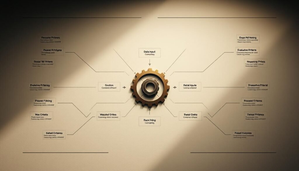 A thoughtful, intentional decision framework visualization. A minimalist, modern aesthetic with clean lines and geometric shapes. A central decision-making process illustrated by interlocking gears, surrounded by supporting elements like data inputs, evaluative criteria, and branching outcomes. Muted, earthy color palette with hints of metallic accents. Balanced composition with negative space to convey clarity and focus. Dramatic, directional lighting casts long shadows to emphasize the structure and depth. Rendered with a photographic, high-detail quality that evokes a sense of analytical precision and strategic foresight.