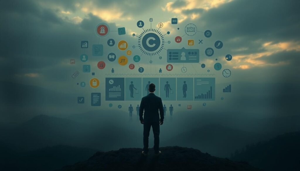 A tightly-composed scene depicting the interplay between anchoring bias and confirmation bias in decision-making. In the foreground, a central figure is surrounded by a kaleidoscope of visual cues - abstract shapes, icons, and data visualizations - representing the distorting effects of these cognitive biases. The middle ground features a series of decision-making scenarios playing out, each influenced by the biases at work. The background is a moody, atmospheric landscape evoking the complex, often subconscious nature of these psychological phenomena. Soft, directional lighting casts dramatic shadows, heightening the sense of depth and introspection. The overall tone is one of contemplation, inviting the viewer to examine the subtle ways in which our minds can unwittingly shape the choices we make.