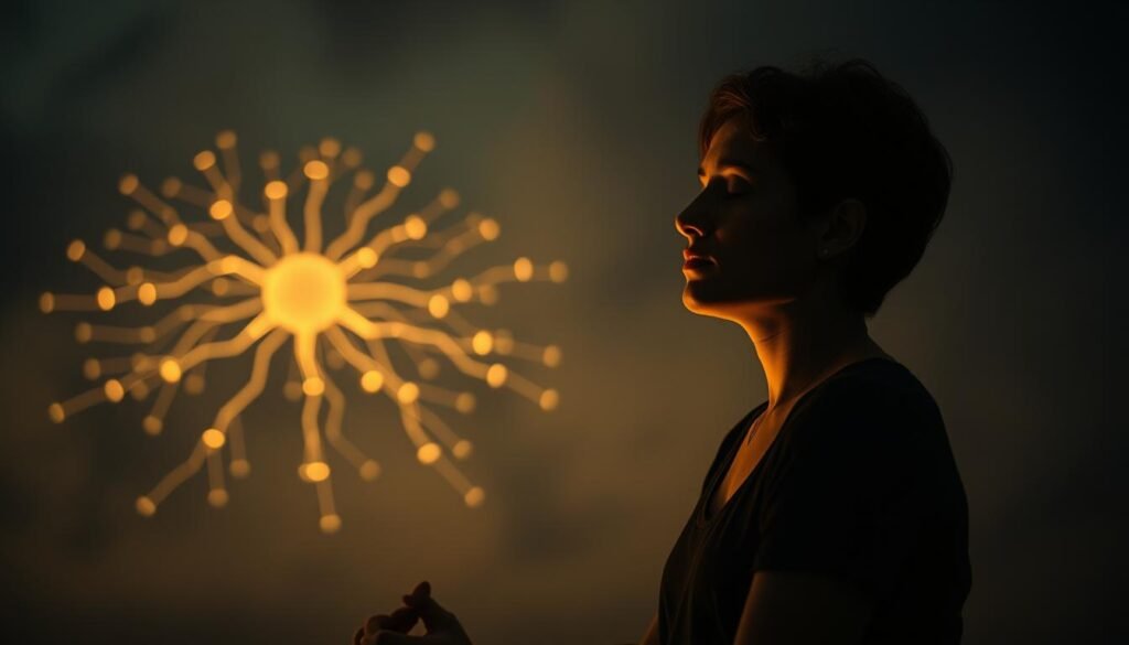 A tranquil, dimly lit scene showcasing the power of mental focus and neuroplasticity. In the foreground, a person sits in a meditative pose, their eyes closed and brow furrowed in deep concentration. Soft, warm lighting illuminates their face, conveying a sense of inner calm and clarity. In the middle ground, a network of glowing neural pathways and synapses pulses with energy, representing the dynamic changes occurring within the brain. The background is hazy and atmospheric, suggesting the vast, unexplored realms of the human mind. The overall mood is one of contemplation, introspection, and the potential for personal growth and transformation. A tranquil, dimly lit scene showcasing the power of mental focus and neuroplasticity. In the foreground, a person sits in a meditative pose, their eyes closed and brow furrowed in deep concentration. Soft, warm lighting illuminates their face, conveying a sense of inner calm and clarity. In the middle ground, a network of glowing neural pathways and synapses pulses with energy, representing the dynamic changes occurring within the brain. The background is hazy and atmospheric, suggesting the vast, unexplored realms of the human mind. The overall mood is one of contemplation, introspection, and the potential for personal growth and transformation.