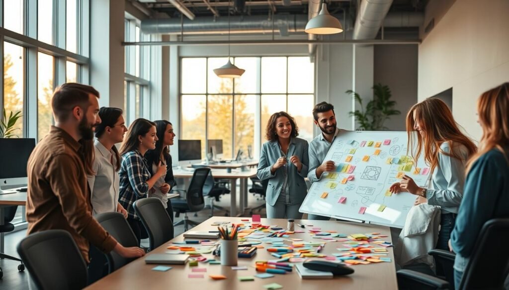 A vibrant brainstorming session in a modern, airy workspace. In the foreground, a diverse group of people brainstorming ideas on a large whiteboard, their faces animated with creative energy. Colorful sticky notes and markers litter the table, representing the flow of divergent thinking. The middle ground features ergonomic chairs and sleek desks, creating an environment conducive to collaborative ideation. The background showcases large windows flooding the space with warm, natural light, fostering an atmosphere of openness and inspiration. Sophisticated lighting fixtures cast a soft, ambient glow, while the minimalist decor and muted tones provide a calming, focused backdrop for the dynamic creative process.