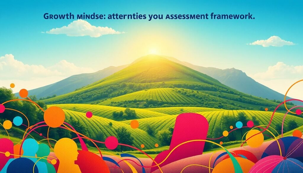 A vibrant, dynamic illustration showcasing the "growth mindset attention assessment framework". In the foreground, a colorful array of shapes and lines symbolize the various elements of the framework, such as self-reflection, goal-setting, and attention management strategies. The middle ground features a lush, verdant landscape, representing the fertile ground for personal growth and development. In the background, a warm, golden light bathes the scene, creating a sense of optimism and possibility. The composition is balanced and visually striking, inviting the viewer to engage with the framework's key principles. The overall mood is one of contemplation, progress, and a deep commitment to cultivating a growth-oriented mindset.