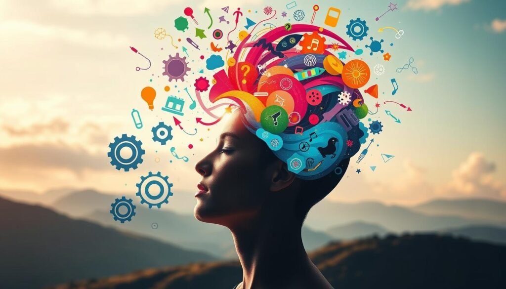 A vibrant, dynamic scene depicting cognitive flexibility techniques for enhanced idea generation. In the foreground, a person's head opens up, revealing a swirling vortex of colorful shapes, symbols, and abstract patterns, symbolizing the expansive, interconnected nature of creative thought. In the middle ground, various visual metaphors for divergent thinking are displayed - gears turning, neurons firing, and pathways branching out. The background is a serene, contemplative landscape, with soft lighting and a sense of balance and harmony, suggesting the tranquil state of mind needed for idea generation. The overall composition conveys a sense of wonder, exploration, and the power of the human mind to transcend boundaries and uncover new possibilities. A vibrant, dynamic scene depicting cognitive flexibility techniques for enhanced idea generation. In the foreground, a person's head opens up, revealing a swirling vortex of colorful shapes, symbols, and abstract patterns, symbolizing the expansive, interconnected nature of creative thought. In the middle ground, various visual metaphors for divergent thinking are displayed - gears turning, neurons firing, and pathways branching out. The background is a serene, contemplative landscape, with soft lighting and a sense of balance and harmony, suggesting the tranquil state of mind needed for idea generation. The overall composition conveys a sense of wonder, exploration, and the power of the human mind to transcend boundaries and uncover new possibilities.