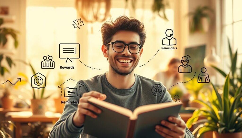 A vibrant, well-lit scene depicting various strategies to make habits attractive through motivation. In the foreground, a person engages in an enjoyable activity like playing a game or reading a book, their face beaming with a sense of satisfaction. In the middle ground, visual cues like rewards, reminders, and social support systems are prominently displayed, encouraging the viewer to adopt similar motivational techniques. The background features a warm, inviting environment with natural elements like plants and sunlight, creating an atmosphere of positivity and productivity. The overall composition conveys the idea that by making habits visually appealing and intrinsically rewarding, one can more effectively establish lasting behavioral changes. A vibrant, well-lit scene depicting various strategies to make habits attractive through motivation. In the foreground, a person engages in an enjoyable activity like playing a game or reading a book, their face beaming with a sense of satisfaction. In the middle ground, visual cues like rewards, reminders, and social support systems are prominently displayed, encouraging the viewer to adopt similar motivational techniques. The background features a warm, inviting environment with natural elements like plants and sunlight, creating an atmosphere of positivity and productivity. The overall composition conveys the idea that by making habits visually appealing and intrinsically rewarding, one can more effectively establish lasting behavioral changes.