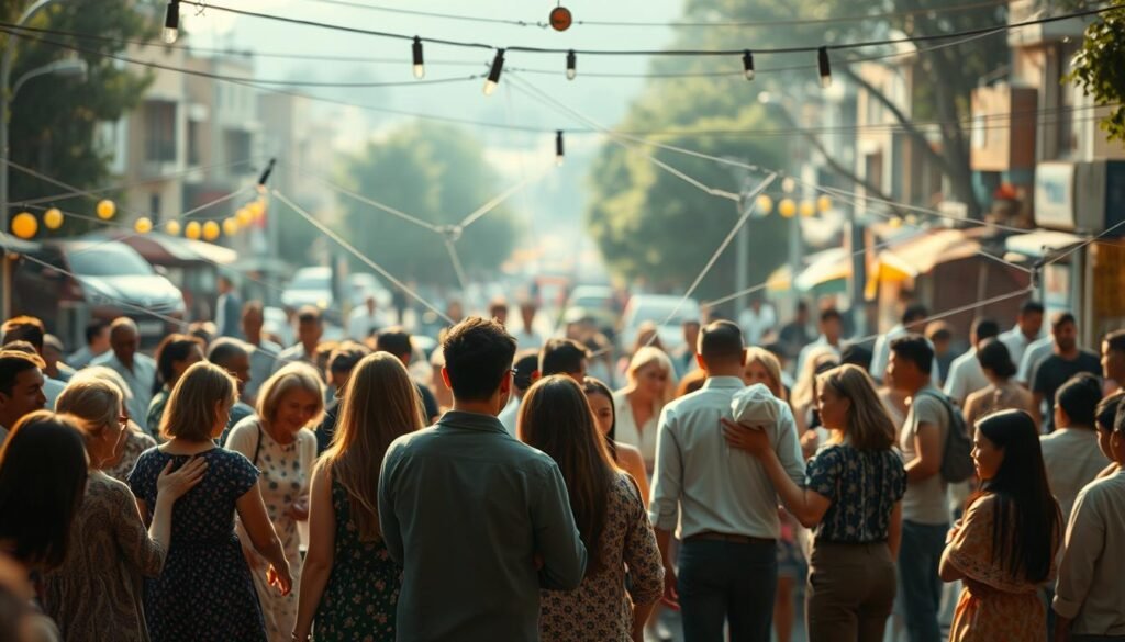 A warm, inviting scene depicting an interconnected web of human relationships. In the foreground, a diverse group of people engaged in dynamic interactions - gesturing, embracing, conversing. Midground, a tapestry of connections branching out, linking individuals and small groups. In the background, a vibrant community setting - a bustling city street, a serene park, or a lively town square. Soft, diffused lighting casts a harmonious glow, conveying a sense of wellbeing, unity, and a deep sense of belonging. The composition emphasizes the power of human bonds, the richness of community, and the multifaceted nature of our social fabric.