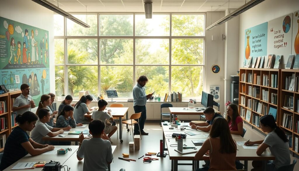 An airy, sunlit classroom with large windows overlooking a lush, verdant garden. Soft natural light filters in, casting a warm glow on the space. In the foreground, groups of students gather around tables, engaged in lively discussions, sketching ideas on whiteboards, and tinkering with various art supplies and prototypes. Vibrant, colorful murals adorn the walls, depicting scenes of scientific exploration and creative expression. In the middle ground, the teacher circulates, offering guidance and encouragement, fostering an atmosphere of collaborative learning and idea generation. The background features an array of shelves and bookcases brimming with reference materials, educational posters, and inspirational quotes, creating a visually stimulating and intellectually stimulating environment. An airy, sunlit classroom with large windows overlooking a lush, verdant garden. Soft natural light filters in, casting a warm glow on the space. In the foreground, groups of students gather around tables, engaged in lively discussions, sketching ideas on whiteboards, and tinkering with various art supplies and prototypes. Vibrant, colorful murals adorn the walls, depicting scenes of scientific exploration and creative expression. In the middle ground, the teacher circulates, offering guidance and encouragement, fostering an atmosphere of collaborative learning and idea generation. The background features an array of shelves and bookcases brimming with reference materials, educational posters, and inspirational quotes, creating a visually stimulating and intellectually stimulating environment.