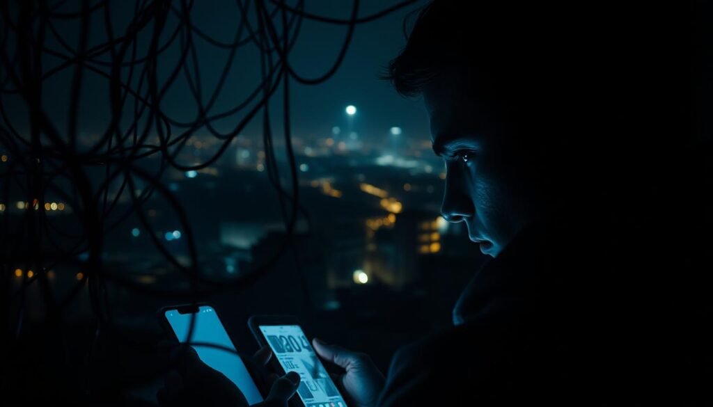 An immersive scene depicting the silent takeover of attention through digital devices. In the foreground, a person's face is obscured by the glow of multiple smartphone screens, their eyes locked on the mesmerizing displays. The middle ground showcases a tangled web of cables and wires, symbolizing the interconnected nature of these devices. In the background, a dimly lit urban landscape fades into the distance, hinting at the pervasive presence of technology in our modern lives. Dramatic chiaroscuro lighting casts deep shadows, creating a sense of unease and the loss of control. The overall atmosphere evokes a somber, contemplative mood, inviting the viewer to ponder the insidious ways in which digital devices hijack our focus and attention. An immersive scene depicting the silent takeover of attention through digital devices. In the foreground, a person's face is obscured by the glow of multiple smartphone screens, their eyes locked on the mesmerizing displays. The middle ground showcases a tangled web of cables and wires, symbolizing the interconnected nature of these devices. In the background, a dimly lit urban landscape fades into the distance, hinting at the pervasive presence of technology in our modern lives. Dramatic chiaroscuro lighting casts deep shadows, creating a sense of unease and the loss of control. The overall atmosphere evokes a somber, contemplative mood, inviting the viewer to ponder the insidious ways in which digital devices hijack our focus and attention.