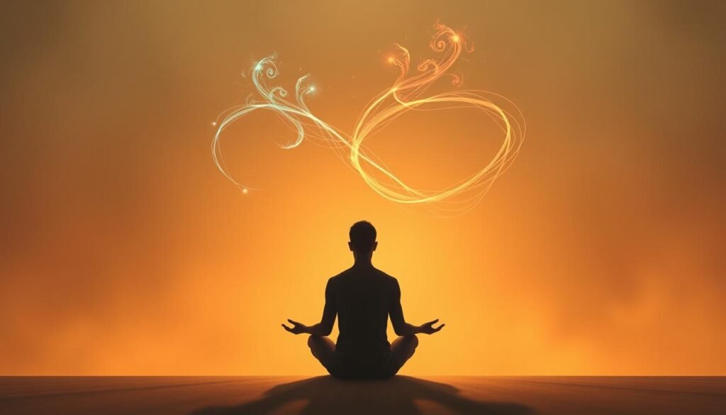 Elegant illustration showcasing the interplay of various motivation types as the driving force behind lasting behavior change. In the foreground, a serene figure meditates, surrounded by a soft, warm lighting that radiates a sense of calm and introspection. Swirling in the middle ground, ethereal wisps of different colored energies represent intrinsic, extrinsic, and transcendent motivations, each with their unique influence. The background features a subtly textured, dreamlike landscape, hinting at the depth and complexity of the human psyche. Captured through a medium-wide lens with a shallow depth of field, this image invites the viewer to contemplate the nuances of motivation and its role in shaping enduring habits and personal transformation. Elegant illustration showcasing the interplay of various motivation types as the driving force behind lasting behavior change. In the foreground, a serene figure meditates, surrounded by a soft, warm lighting that radiates a sense of calm and introspection. Swirling in the middle ground, ethereal wisps of different colored energies represent intrinsic, extrinsic, and transcendent motivations, each with their unique influence. The background features a subtly textured, dreamlike landscape, hinting at the depth and complexity of the human psyche. Captured through a medium-wide lens with a shallow depth of field, this image invites the viewer to contemplate the nuances of motivation and its role in shaping enduring habits and personal transformation.