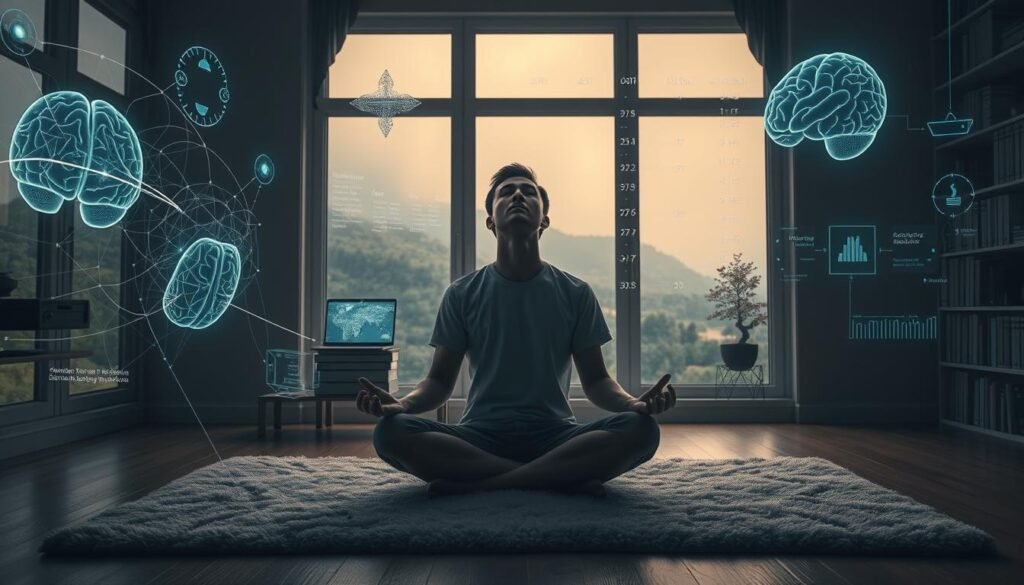 Prompt A serene, dimly-lit study with a large window overlooking a peaceful, natural landscape. In the foreground, a person sits cross-legged on a plush rug, their eyes closed in meditative focus. Floating around them are holographic displays and data visualizations, depicting the neural pathways and brain activity patterns associated with attention and focus. The middle ground features a minimalist desk with a laptop, books, and a small bonsai tree, symbolizing the balance between technology and nature. The background is filled with a soft, warm glow, creating a sense of tranquility and introspection, as the person navigates the complexities of the modern attention crisis through a deeper understanding of neuroscience.