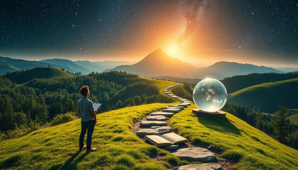 Visualization strategies for personal development journey: A serene, sun-dappled landscape with a winding path leading through lush green forests and rolling hills. In the foreground, a thoughtful individual stands, contemplating their next steps, surrounded by symbolic imagery - a compass, an open book, and a glowing crystal ball reflecting their aspirations. The middle ground features a series of stepping stones, each representing a stage of personal growth, leading towards a distant mountain peak bathed in warm, golden light. The background showcases a night sky filled with twinkling stars, conveying a sense of limitless potential and cosmic connection. The overall atmosphere is one of introspection, inspiration, and a journey of self-discovery. Visualization strategies for personal development journey: A serene, sun-dappled landscape with a winding path leading through lush green forests and rolling hills. In the foreground, a thoughtful individual stands, contemplating their next steps, surrounded by symbolic imagery - a compass, an open book, and a glowing crystal ball reflecting their aspirations. The middle ground features a series of stepping stones, each representing a stage of personal growth, leading towards a distant mountain peak bathed in warm, golden light. The background showcases a night sky filled with twinkling stars, conveying a sense of limitless potential and cosmic connection. The overall atmosphere is one of introspection, inspiration, and a journey of self-discovery.