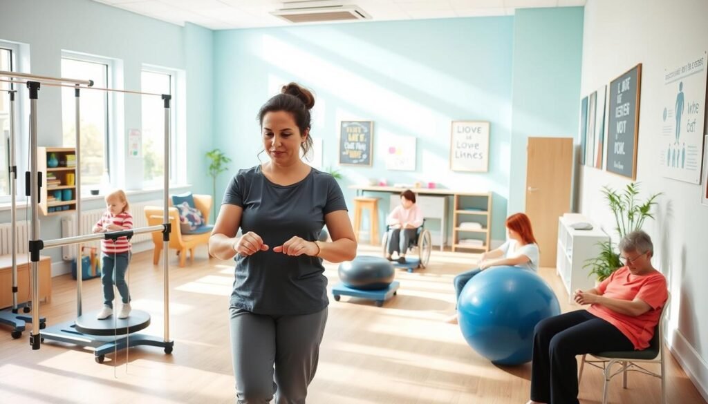 A bright, airy occupational therapy clinic with natural light flooding through large windows. In the foreground, a therapist guides a patient through a series of exercises using specialized equipment - parallel bars, balance boards, and therapy balls. The patient's face is focused and determined as they work to regain mobility and independence. In the middle ground, other patients engage in activities like arts and crafts, playing with therapeutic toys, and practicing daily living skills. The background features a soothing color palette of blues and greens, with inspirational wall art and motivational posters. The overall mood is one of progress, empowerment, and the collaborative journey of occupational therapy.