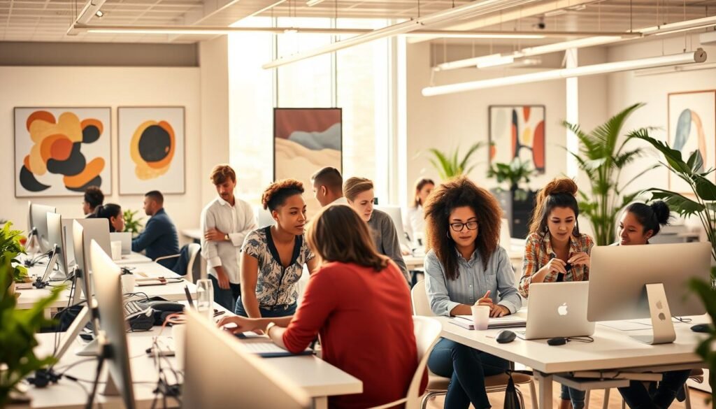 A bright, airy office space with a diverse group of professionals collaborating at modern, minimalist workstations. In the foreground, colleagues from varied backgrounds brainstorm ideas, their expressions engaged and energetic. The middle ground showcases a mix of private focus areas and open collaboration zones, encouraging interaction and idea exchange. Warm, natural lighting filters in through large windows, creating a sense of openness and creativity. The background features abstract artworks and lush greenery, reflecting the innovative and inclusive workplace culture. An atmosphere of productivity, inspiration, and respect for diverse perspectives permeates the scene. A bright, airy office space with a diverse group of professionals collaborating at modern, minimalist workstations. In the foreground, colleagues from varied backgrounds brainstorm ideas, their expressions engaged and energetic. The middle ground showcases a mix of private focus areas and open collaboration zones, encouraging interaction and idea exchange. Warm, natural lighting filters in through large windows, creating a sense of openness and creativity. The background features abstract artworks and lush greenery, reflecting the innovative and inclusive workplace culture. An atmosphere of productivity, inspiration, and respect for diverse perspectives permeates the scene.