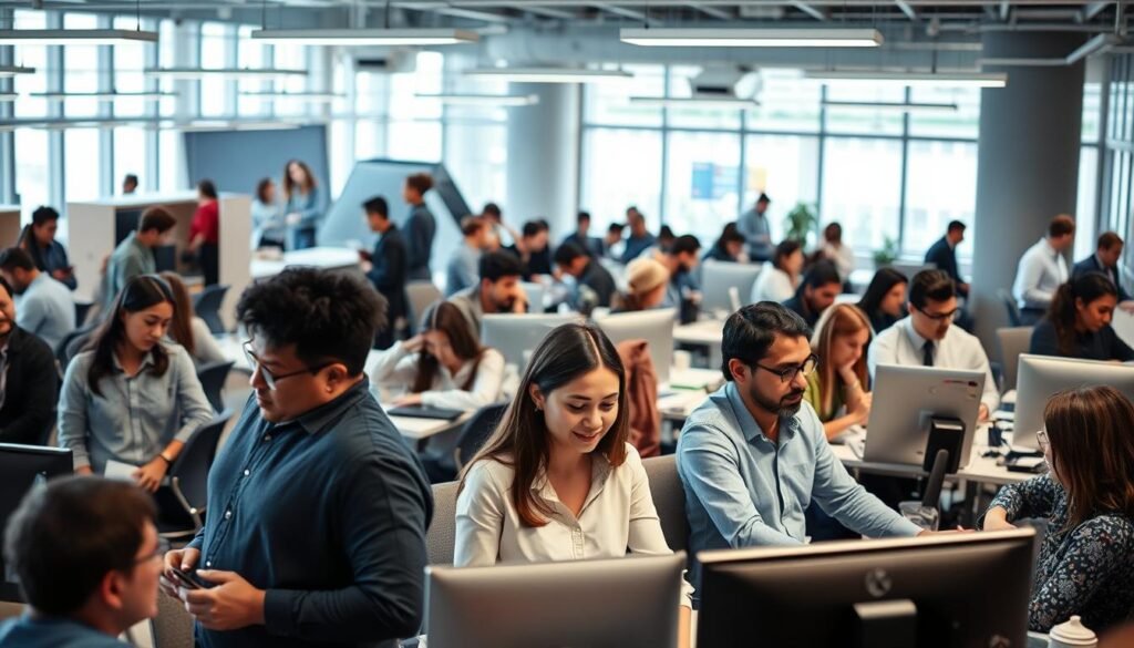 A bustling open-office environment, filled with diverse individuals engaged in various tasks. In the foreground, a group of colleagues collaborating at a shared workstation, their facial expressions and body language reflecting different cognitive styles and problem-solving approaches. In the middle ground, a mix of private and communal workspaces, where individuals work independently or in smaller teams, some deep in thought, others engaged in lively discussions. The background features a modern, well-lit space with an abundance of natural light, accented by sleek, ergonomic furniture and subtle technological integration. The overall scene conveys a sense of productive energy, creativity, and a respectful acknowledgment of the diverse cognitive profiles that contribute to the organization's success. A bustling open-office environment, filled with diverse individuals engaged in various tasks. In the foreground, a group of colleagues collaborating at a shared workstation, their facial expressions and body language reflecting different cognitive styles and problem-solving approaches. In the middle ground, a mix of private and communal workspaces, where individuals work independently or in smaller teams, some deep in thought, others engaged in lively discussions. The background features a modern, well-lit space with an abundance of natural light, accented by sleek, ergonomic furniture and subtle technological integration. The overall scene conveys a sense of productive energy, creativity, and a respectful acknowledgment of the diverse cognitive profiles that contribute to the organization's success.