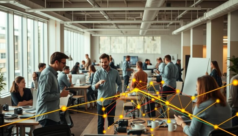 A bustling open-plan office, with teams collaborating at shared desks, brainstorming on whiteboards, and connecting over coffee. In the foreground, colleagues engaged in animated discussion, gesturing and smiling, conveying a sense of camaraderie and mutual support. The middle ground features a network of colorful, interconnected lines, representing the flow of ideas, information, and emotional support between individuals and teams. In the background, warm, diffused lighting filters through large windows, creating a comfortable, inspiring atmosphere that fosters a strong sense of belonging and resilience.