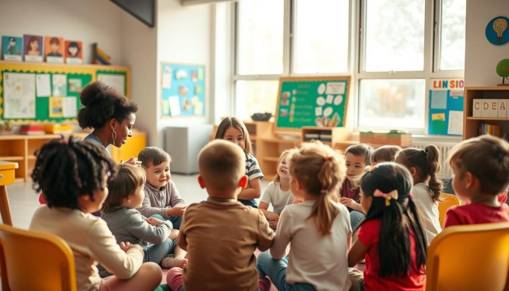 A cheerful, inclusive classroom setting where students of diverse backgrounds engage in collaborative activities. In the foreground, a group of children sit in a circle, sharing stories and emotions. The middle ground features a teacher guiding the discussion, encouraging empathy and understanding. Soft, natural lighting filters through large windows, casting a warm glow on the scene. The background depicts colorful, educational displays and cozy furnishings, creating a nurturing, supportive environment. The overall atmosphere conveys a sense of community, acceptance, and emotional well-being. A cheerful, inclusive classroom setting where students of diverse backgrounds engage in collaborative activities. In the foreground, a group of children sit in a circle, sharing stories and emotions. The middle ground features a teacher guiding the discussion, encouraging empathy and understanding. Soft, natural lighting filters through large windows, casting a warm glow on the scene. The background depicts colorful, educational displays and cozy furnishings, creating a nurturing, supportive environment. The overall atmosphere conveys a sense of community, acceptance, and emotional well-being.