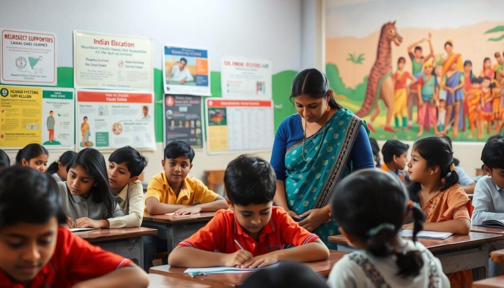 A classroom setting in India, with students of diverse backgrounds engaged in various learning activities. In the foreground, a teacher guiding a student with a learning disability, using adaptive teaching methods and assistive technologies. The middle ground showcases posters and displays highlighting neurodevelopmental disorders and the importance of inclusive education. The background features a vibrant mural depicting the diversity and potential of the Indian educational system. The scene is illuminated by warm, natural lighting, creating an atmosphere of understanding and empowerment.