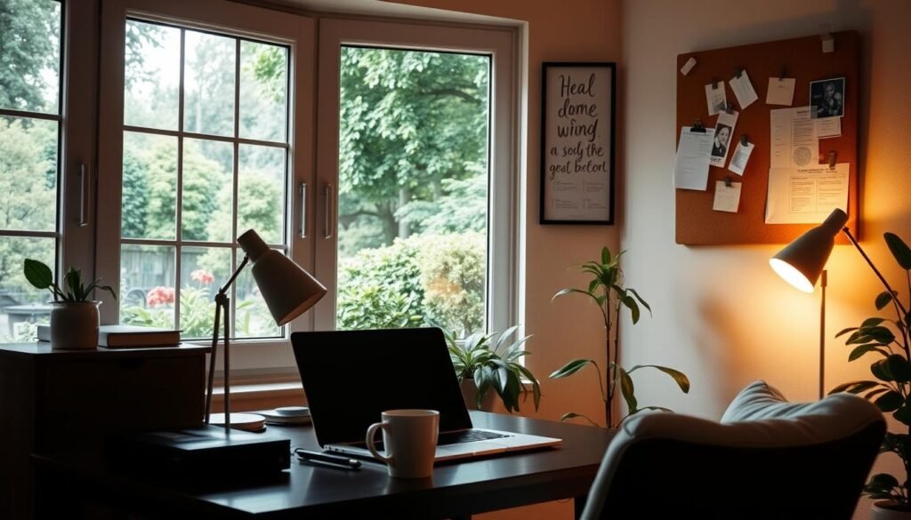A cozy home office with a large window overlooking a lush garden. A desk with a laptop, a stylish lamp, and a mug of coffee. On the wall, inspirational artwork and a cork board with notes and reminders. In the corner, a comfortable armchair and a potted plant. Warm, diffused lighting casts a soft glow, creating a sense of calm and focus. The scene conveys a balance of productivity and relaxation, reflecting the idea of customizing one's routine to fit a personalized lifestyle. A cozy home office with a large window overlooking a lush garden. A desk with a laptop, a stylish lamp, and a mug of coffee. On the wall, inspirational artwork and a cork board with notes and reminders. In the corner, a comfortable armchair and a potted plant. Warm, diffused lighting casts a soft glow, creating a sense of calm and focus. The scene conveys a balance of productivity and relaxation, reflecting the idea of customizing one's routine to fit a personalized lifestyle.