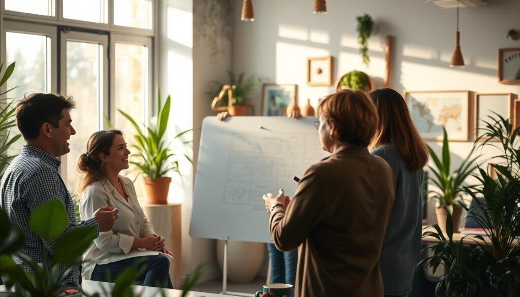 A cozy office setting, bathed in soft, natural lighting that filters through large windows. In the foreground, a group of colleagues engaged in a lively discussion, their body language reflecting a sense of camaraderie and connection. Their faces are expressive, eyes meeting, hands gesturing as they share ideas and experiences. In the middle ground, a whiteboard or collaborative workspace where insights and strategies are being mapped out, representing the collective effort to build workplace resilience. The background features plants, artwork, and other elements that create a warm, inviting atmosphere, conveying a sense of belonging and emotional support. The overall scene evokes the neuroscience of social attachment, highlighting how interpersonal bonds and a sense of community can foster resilience in the workplace.