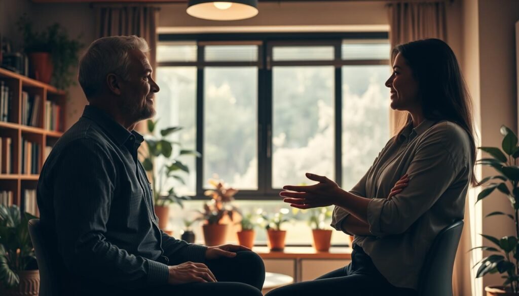 A cozy, well-lit office setting, with a large window overlooking a serene garden. In the foreground, two colleagues are engaged in a thoughtful discussion, their body language open and relaxed, conveying a sense of mutual trust and understanding. The lighting is warm and soft, creating a calming atmosphere. In the background, shelves filled with books and plants suggest an environment conducive to learning and growth. The overall scene evokes a sense of psychological safety, where feedback can be exchanged openly and constructively.