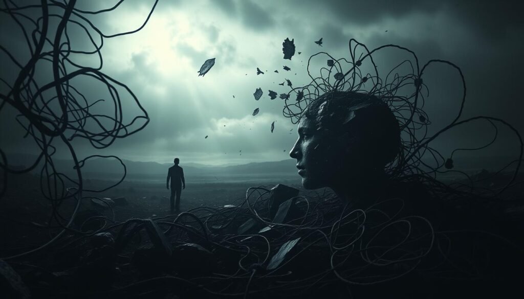 A dark, surreal landscape depicting the inner workings of the human mind. In the foreground, a tangled web of distorted, shadowy thought patterns swirl and converge, casting a sense of unease and anxiety. The middle ground features a fractured, fragmented mind, with pieces of memories and perceptions floating aimlessly. In the distant background, a bleak, monochromatic sky looms, evoking a sense of hopelessness and despair. The scene is illuminated by a harsh, artificial light, casting sharp contrasts and harsh shadows, heightening the sense of mental anguish and cognitive dissonance. The overall atmosphere is one of overwhelming negative thought patterns, cognitive distortions, and a mind in turmoil.