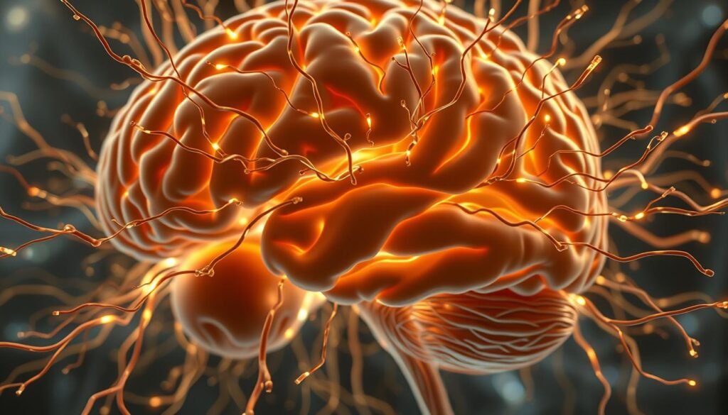 A detailed 3D cutaway view of the human brain, showcasing the intricate neural pathways and development processes. Glowing, neon-like axons and dendrites radiate outward, forming a complex web of interconnected networks. The neural architecture is illuminated from within, revealing the delicate balance of excitatory and inhibitory signals that facilitate learning and cognitive function. The scene is bathed in a soft, diffused lighting, emphasizing the intricate, almost organic nature of the brain's inner workings. The perspective is slightly elevated, allowing the viewer to appreciate the scale and depth of the neural landscape. An atmosphere of scientific wonder and curiosity pervades the image, inviting the viewer to explore the marvels of the human mind.