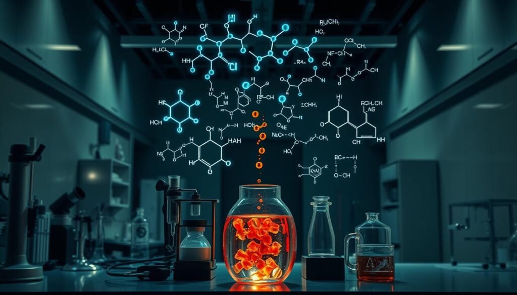 A detailed anatomical cross-section revealing the intricate classification of toxins and their molecular structures. The foreground showcases a central glass beaker containing a neon-colored toxic compound, surrounded by an array of scientific equipment and instruments. The middle ground presents a series of molecular diagrams and chemical formulas floating in midair, illustrating the complex taxonomic categorization of various toxicological compounds. In the background, an austere, dimly lit laboratory setting with clean white walls and sleek, modern fixtures creates a sense of clinical precision and scientific rigor. Dramatic chiaroscuro lighting casts dramatic shadows, enhancing the mood of analytical intensity. The overall composition conveys a visually captivating yet unsettling representation of the core scientific concept of toxicity.