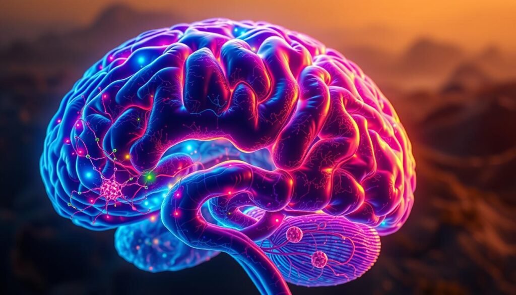 A detailed cross-section of the human brain, illuminated by a soft, warm light. In the foreground, neural pathways pulsate with vivid colors, depicting the complex processing of behavioral warning signals. The middle ground showcases a intricate network of synapses and neurons, bustling with activity. In the background, a hazy, organic landscape suggests the subconscious landscape where these vital processes occur. The scene conveys a sense of urgency and heightened awareness, capturing the psychology behind recognizing early warning signs.
