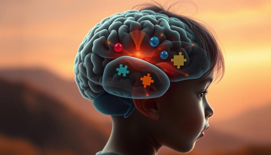 A detailed digital illustration depicting neurodevelopmental disorders affecting learning. In the foreground, a child's brain illuminated, showcasing areas of cognitive impairment and information processing challenges. In the middle ground, symbolic representations of common learning difficulties such as dyslexia, ADHD, and autism spectrum disorder. The background features a blurred, abstract landscape representing the complex, multifaceted nature of these conditions. Warm, muted tones convey a sense of contemplation and understanding. Crisp, high-resolution imagery captured through a wide-angle lens to provide a comprehensive, thought-provoking perspective on the topic. A detailed digital illustration depicting neurodevelopmental disorders affecting learning. In the foreground, a child's brain illuminated, showcasing areas of cognitive impairment and information processing challenges. In the middle ground, symbolic representations of common learning difficulties such as dyslexia, ADHD, and autism spectrum disorder. The background features a blurred, abstract landscape representing the complex, multifaceted nature of these conditions. Warm, muted tones convey a sense of contemplation and understanding. Crisp, high-resolution imagery captured through a wide-angle lens to provide a comprehensive, thought-provoking perspective on the topic.