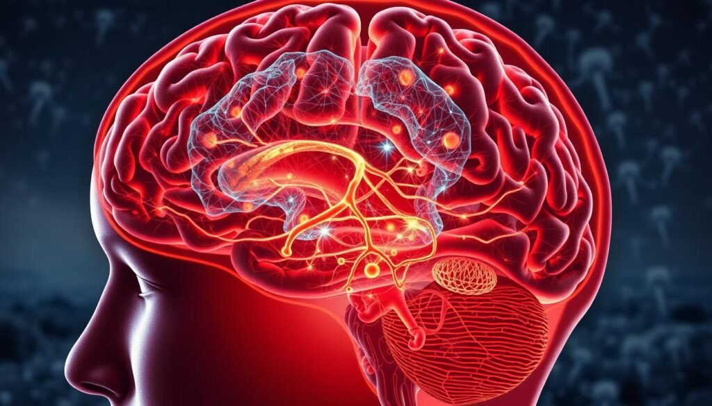 A detailed illustration of the complex brain processes underlying neurodevelopmental disorders that affect learning. In the foreground, a cutaway view of the human brain reveals intricate neural pathways, synapses, and neurochemical interactions. In the middle ground, a visualization of disrupted brain activity, with areas of abnormal signaling and connectivity. In the background, a subtle landscape of neurological structures, conveying the systemic nature of these conditions. The overall mood is one of scientific inquiry and the desire to understand the mechanisms of learning disabilities. The lighting is soft and diffuse, with a sense of depth and dimensionality. The angle is slightly angled to provide depth and a sense of exploration.
