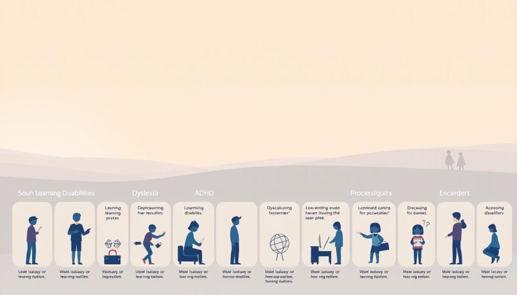 A detailed overview of the main types of learning disabilities, showcased in a clean and informative illustration. In the foreground, distinct icons or symbols represent various learning challenges such as dyslexia, ADHD, dyscalculia, and processing disorders. The middle ground features simplified human figures in different learning scenarios, highlighting the diverse manifestations of these conditions. The background hosts a serene, minimalist landscape with soothing colors and soft lighting, creating a calm and contemplative atmosphere. The overall composition should strike a balance between educational clarity and visual appeal, guiding the viewer through the complexities of learning disabilities in an accessible and visually engaging manner. A detailed overview of the main types of learning disabilities, showcased in a clean and informative illustration. In the foreground, distinct icons or symbols represent various learning challenges such as dyslexia, ADHD, dyscalculia, and processing disorders. The middle ground features simplified human figures in different learning scenarios, highlighting the diverse manifestations of these conditions. The background hosts a serene, minimalist landscape with soothing colors and soft lighting, creating a calm and contemplative atmosphere. The overall composition should strike a balance between educational clarity and visual appeal, guiding the viewer through the complexities of learning disabilities in an accessible and visually engaging manner.