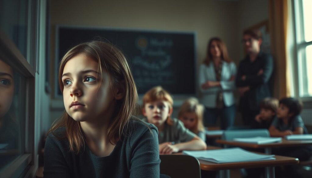 A dimly lit classroom, where a group of intelligent children sit, their faces masked by a veil of concentration. In the foreground, a young girl with a pensive expression gazes out the window, her mind seemingly elsewhere. The middle ground reveals other students, each lost in their own thoughts, their diverse talents and learning styles invisible to the untrained eye. In the background, a teacher stands, observing the scene with a thoughtful, empathetic gaze, understanding the unique challenges these "twice-exceptional" children face. The lighting is soft and moody, casting shadows that hint at the inner workings of these young, brilliant minds. The overall atmosphere conveys a sense of quiet introspection, reflecting the complexity and potential hidden within these remarkable individuals.