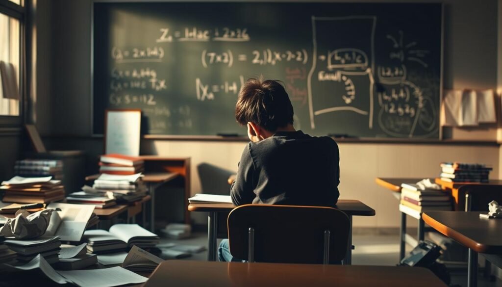 A dimly lit classroom with scattered textbooks, crumpled papers, and a lone student sitting at a desk, their head buried in their hands. The room is illuminated by a soft, warm light, casting shadows that highlight the student's sense of struggle and frustration. In the background, a chalkboard with half-erased equations and scribbles, representing the academic challenges they face. The scene conveys a palpable atmosphere of academic underachievement, where the student's body language and the cluttered environment suggest a lack of motivation and engagement with their studies. A dimly lit classroom with scattered textbooks, crumpled papers, and a lone student sitting at a desk, their head buried in their hands. The room is illuminated by a soft, warm light, casting shadows that highlight the student's sense of struggle and frustration. In the background, a chalkboard with half-erased equations and scribbles, representing the academic challenges they face. The scene conveys a palpable atmosphere of academic underachievement, where the student's body language and the cluttered environment suggest a lack of motivation and engagement with their studies.
