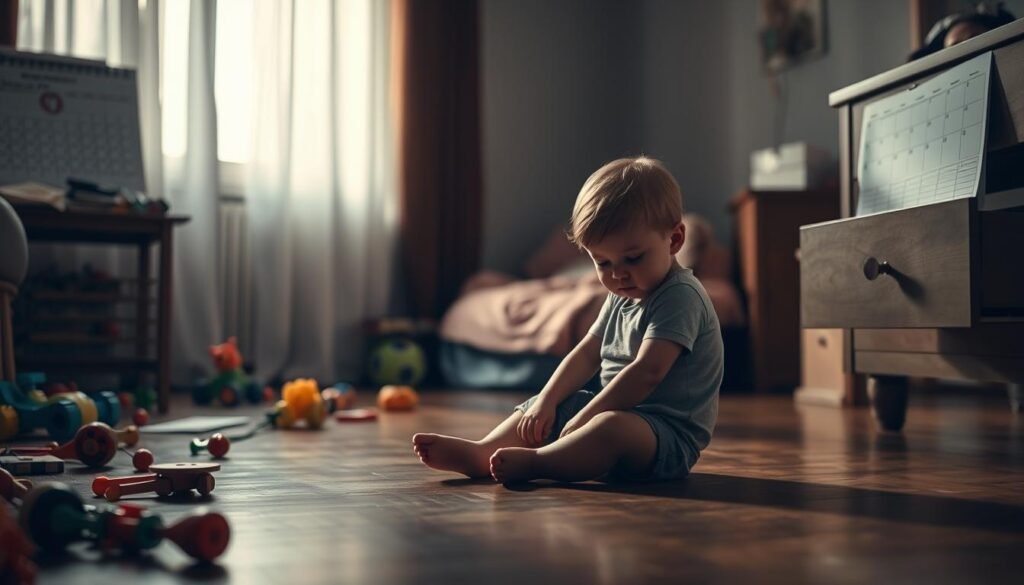 A dimly lit home interior, the foreground showing a young child sitting alone on the floor, their gaze downcast and expression pensive. The middle ground reveals subtle cues - a scattered array of toys left untouched, a calendar with important dates circled, and a half-opened drawer with medical documents peeking out. The background is softly out of focus, suggesting the isolation and disconnect within the scene. Soft, warm lighting filters through curtains, casting a melancholic atmosphere. The composition evokes a sense of overlooked and unnoticed developmental needs in the child. A dimly lit home interior, the foreground showing a young child sitting alone on the floor, their gaze downcast and expression pensive. The middle ground reveals subtle cues - a scattered array of toys left untouched, a calendar with important dates circled, and a half-opened drawer with medical documents peeking out. The background is softly out of focus, suggesting the isolation and disconnect within the scene. Soft, warm lighting filters through curtains, casting a melancholic atmosphere. The composition evokes a sense of overlooked and unnoticed developmental needs in the child.