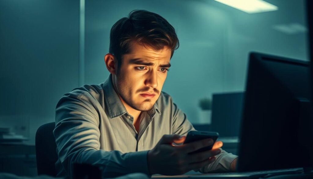 A dimly lit, modern office space with a cluttered desk and a frustrated person staring at a phone screen, their expression conveying a sense of exasperation. The background is hazy, with muted tones of gray and blue, creating an atmosphere of disillusionment. Soft, directional lighting illuminates the subject's face, highlighting the concern and confusion etched on their features. The overall scene suggests a disconnect between the modern usage of the term "toxic" and its true meaning, capturing the disconnect between perception and reality.