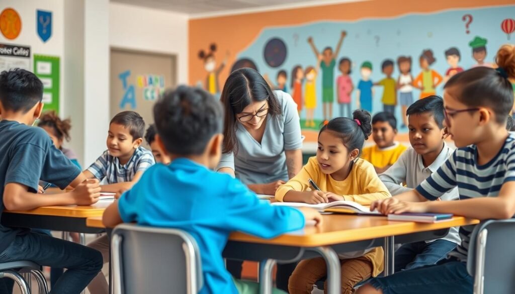 A diverse group of students of different ages, abilities, and backgrounds engaged in collaborative learning activities in a well-lit, modern classroom. The foreground features a mix of students working together at desks, while the middle ground shows a teacher assisting an individual student. The background depicts a vibrant mural depicting symbols of unity, acceptance, and academic achievement. The overall scene conveys a sense of inclusivity, support, and a nurturing educational environment. A diverse group of students of different ages, abilities, and backgrounds engaged in collaborative learning activities in a well-lit, modern classroom. The foreground features a mix of students working together at desks, while the middle ground shows a teacher assisting an individual student. The background depicts a vibrant mural depicting symbols of unity, acceptance, and academic achievement. The overall scene conveys a sense of inclusivity, support, and a nurturing educational environment.